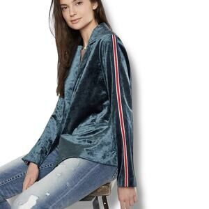 Anthropologie Mystree Size S Teal Velvet Stripe Sleeve Blazer Jacket